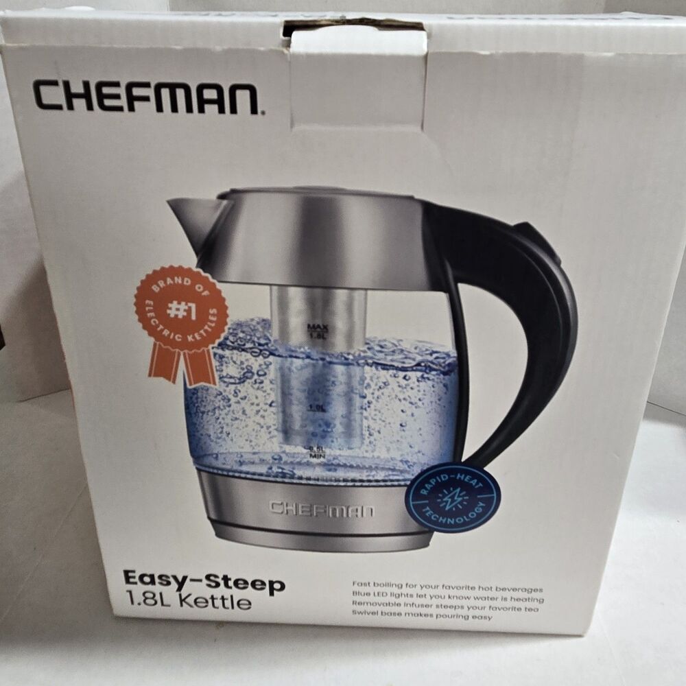 Chefman 1.8L cordless glass electrical kettle removable tea infuser included